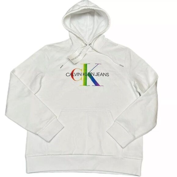 Calvin Klein Hoodie Mens L White RARE Pullover Colorful Bright Rainbow Spring NE - Picture 2 of 16